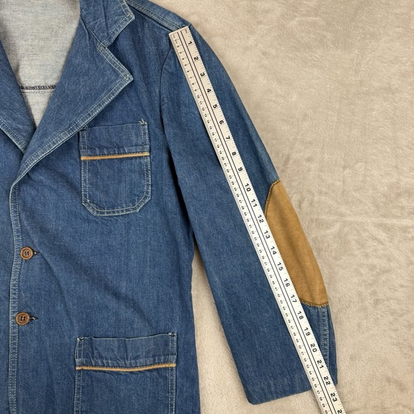 Outlooks Blue 70s Vtg Denim Jacket Womens Sz L Elbow Patches Tailored Buckle USA - Picture 12 of 13